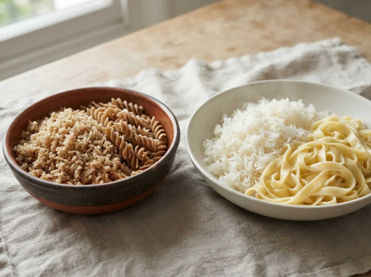 Visual comparison: rustic bowl of brown rice and wholemeal pasta on the left versus steaming white basmati rice and buttered fettuccine on the right