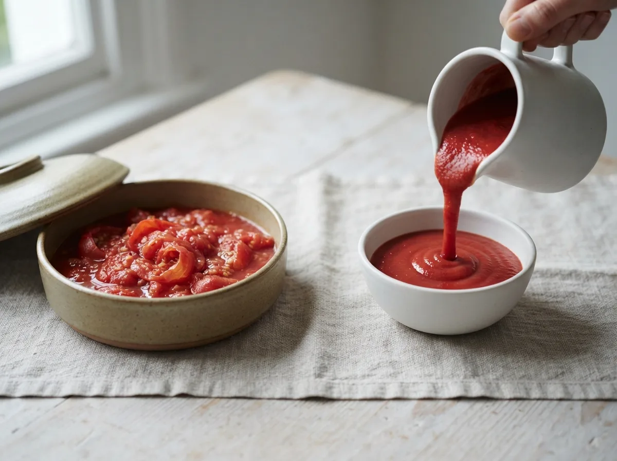 Visual comparison: chunky chopped tinned tomatoes with curled skins on the left versus smooth velvety red passata pouring from a pitcher on the right