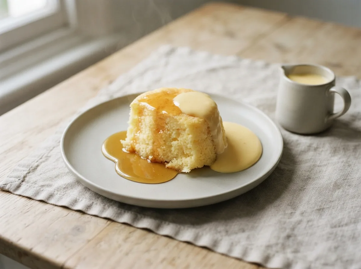A steamed syrup sponge on a plate with syrup running down its sides and custard poured over one side.