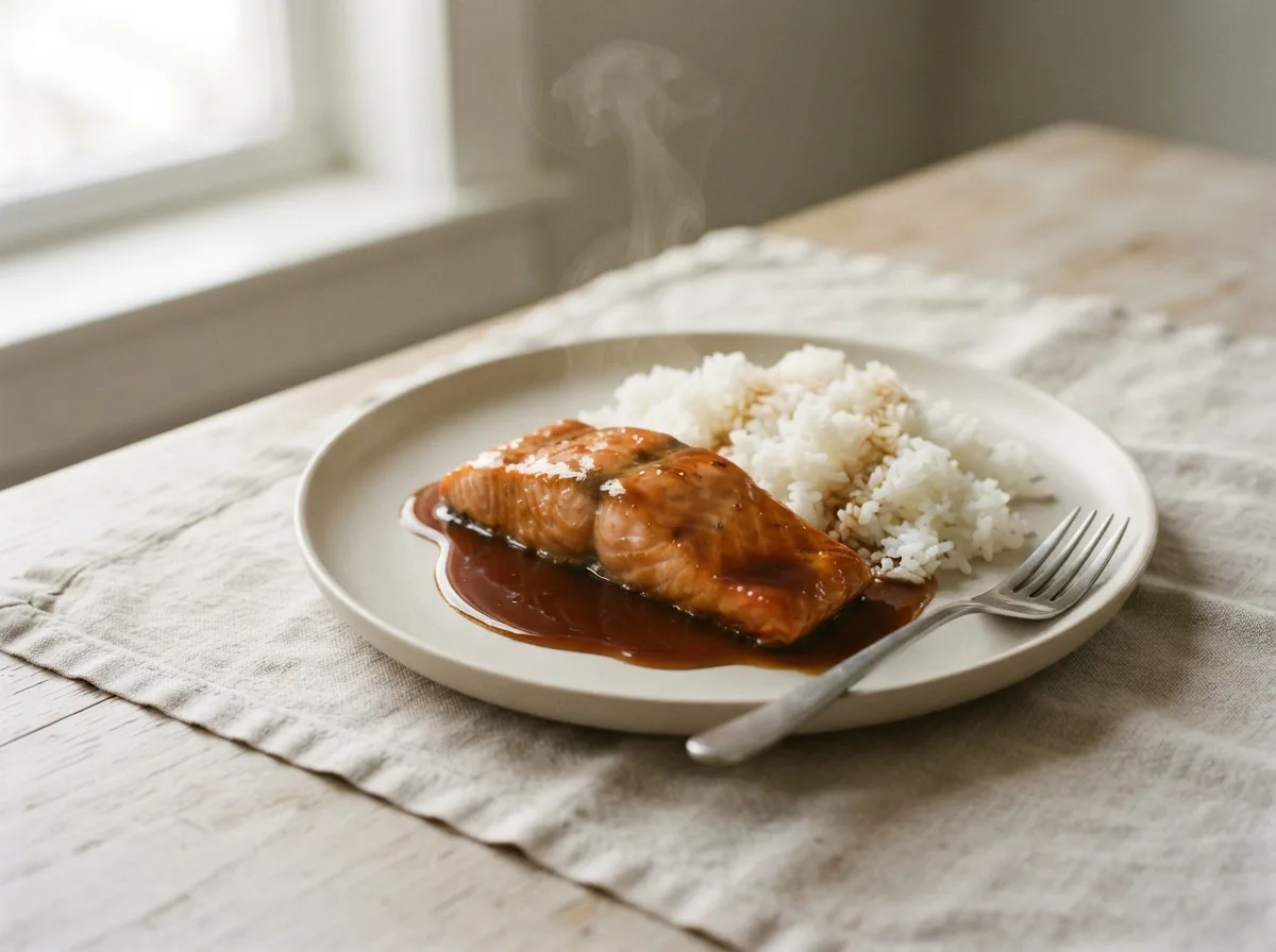 A plate of glazed teriyaki salmon with a glossy amber sauce, served beside a mound of steamed white rice.