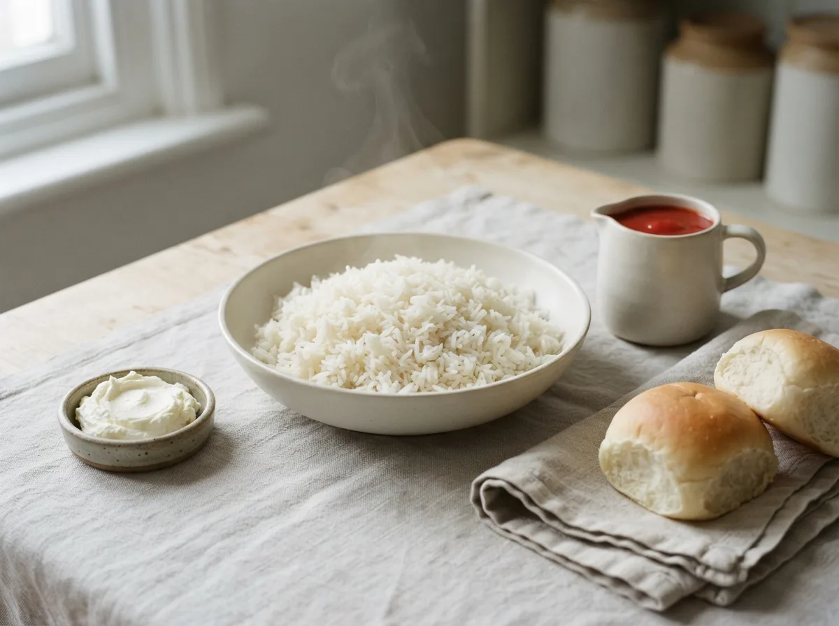 Gentle pantry swaps: steamed white rice, smooth passata, soft rolls, and creamy whipped cheese