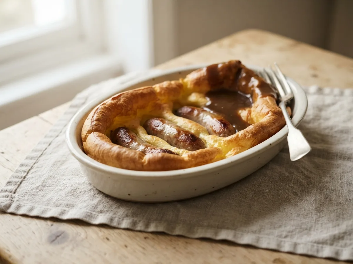 A dish of toad in the hole with sausages set in a puffed golden batter, gravy poured over one corner.