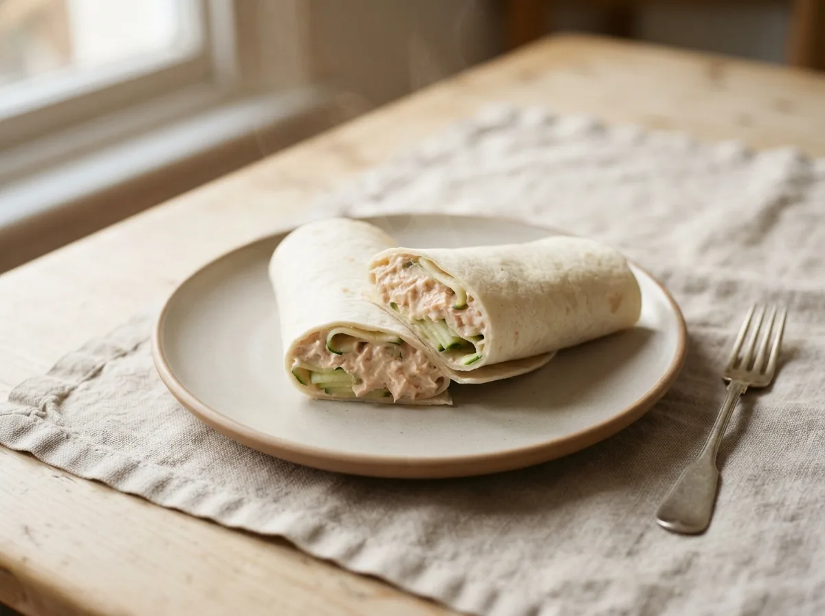 A white tortilla wrap cut in half showing a creamy tuna mayonnaise filling with a few cucumber ribbons inside.