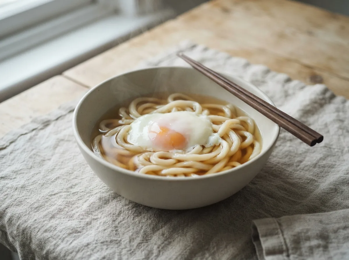 A bowl of udon noodles in clear dashi broth with a soft-poached egg on top.