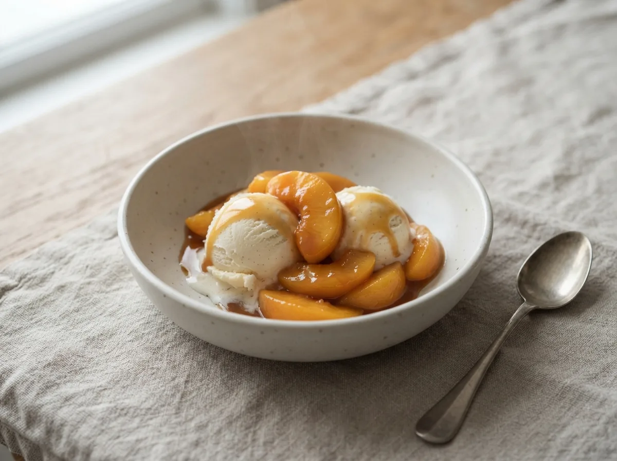 A bowl of vanilla ice cream topped with warm caramelised peach slices and glossy caramel sauce.