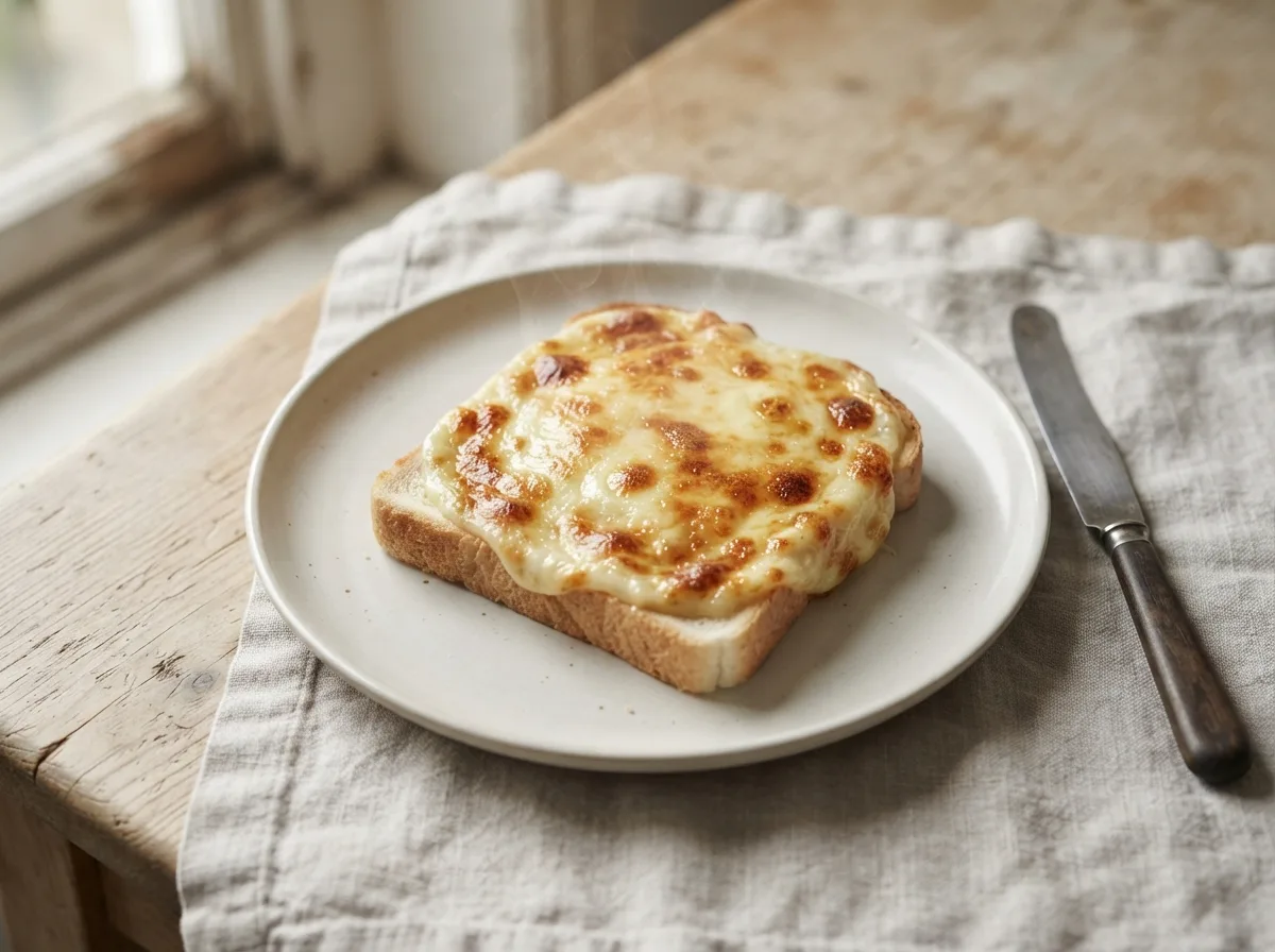 A slice of crustless toast spread with a golden, bubbling grilled cheese sauce.