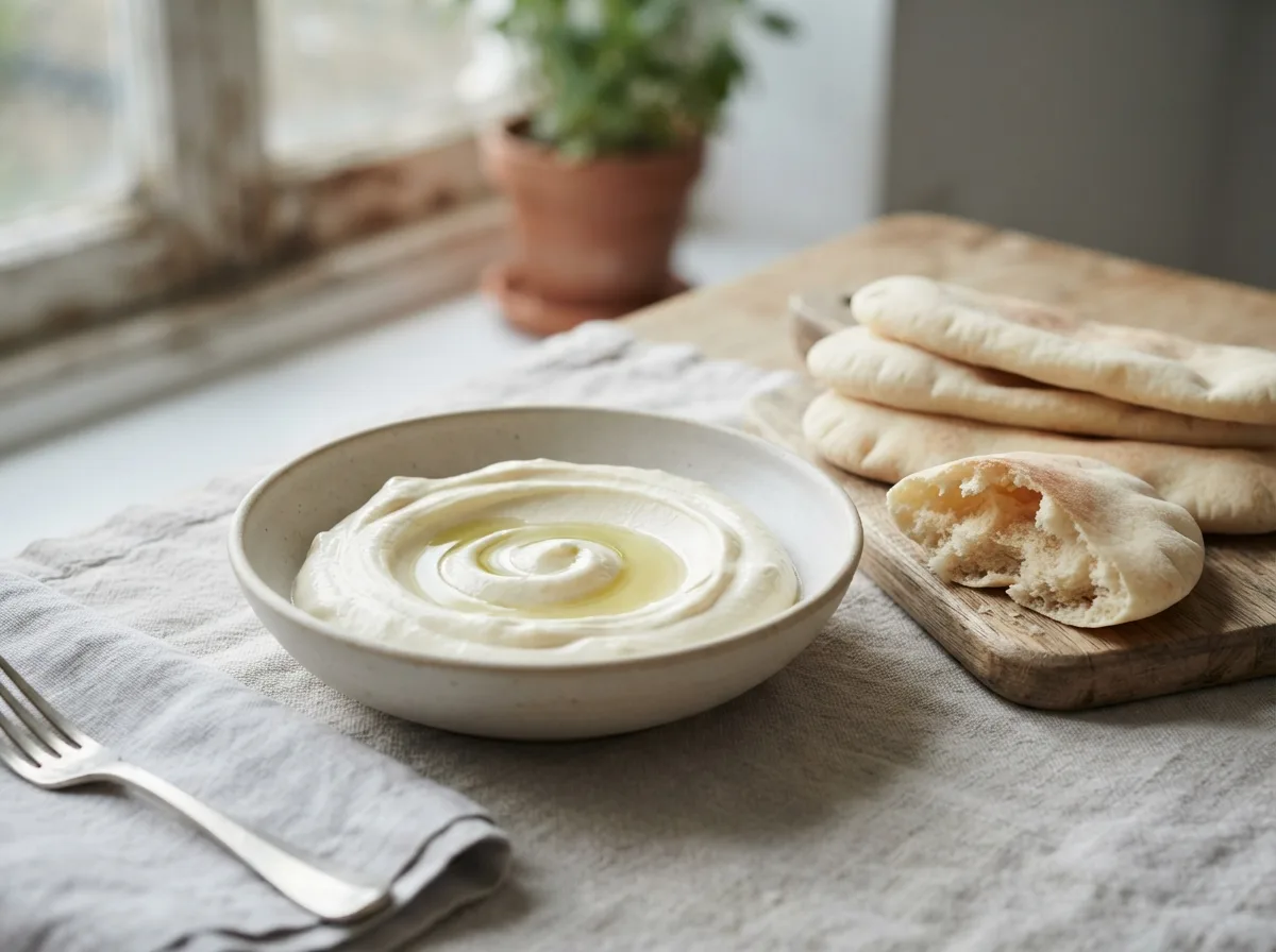 A bowl of pale whipped feta drizzled with olive oil, served with torn fingers of warm white pitta.