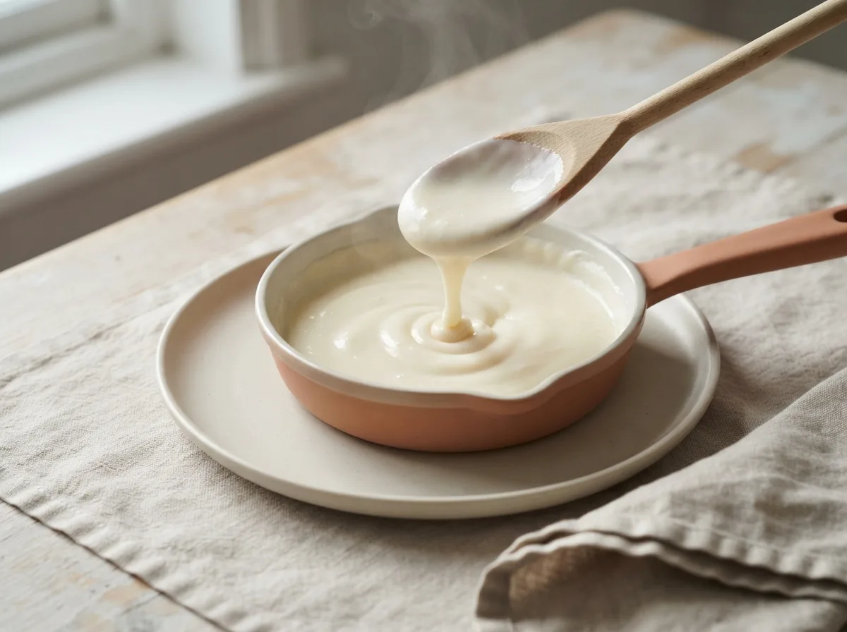 A pan of thick, glossy white sauce with a wooden spoon lifted out of it, coated in an even layer.