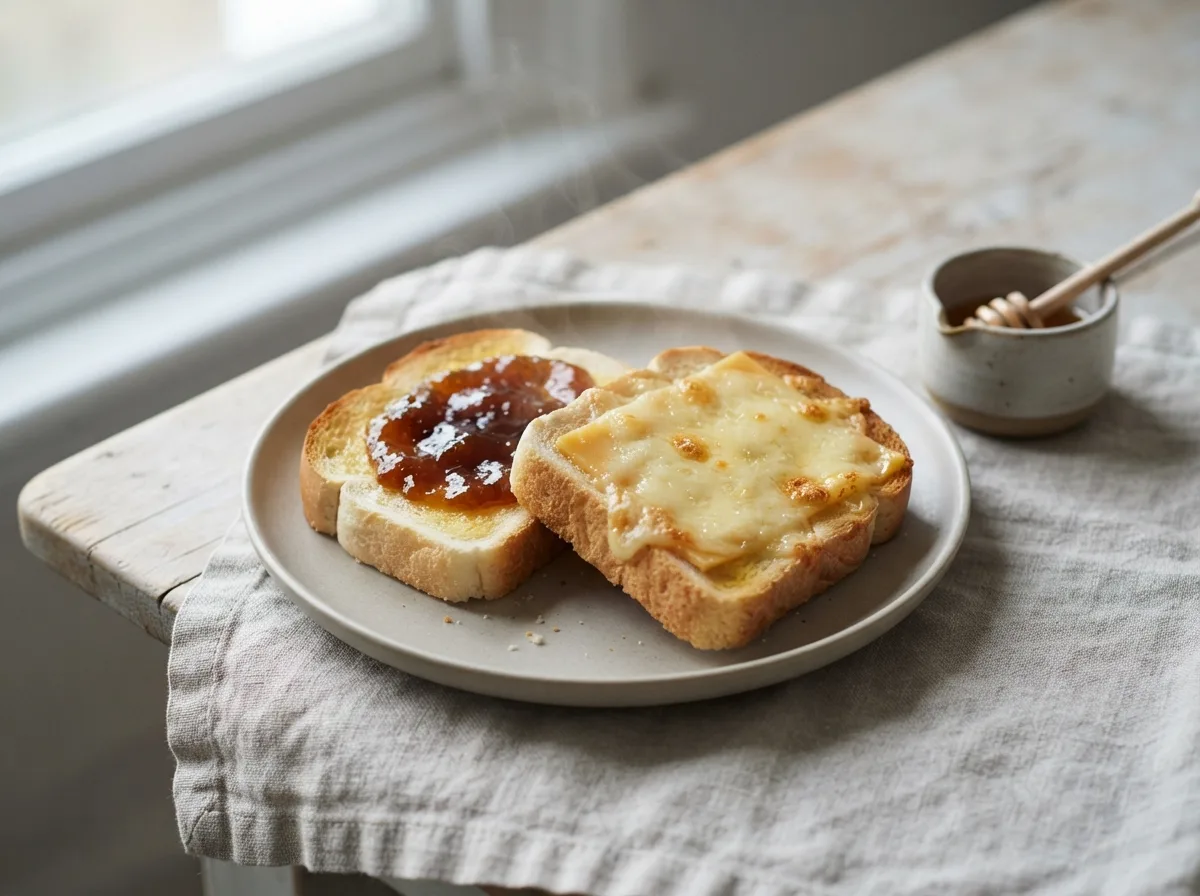 Two slices of golden buttered toast on a plate, one topped with jam and the other with melted Cheddar.
